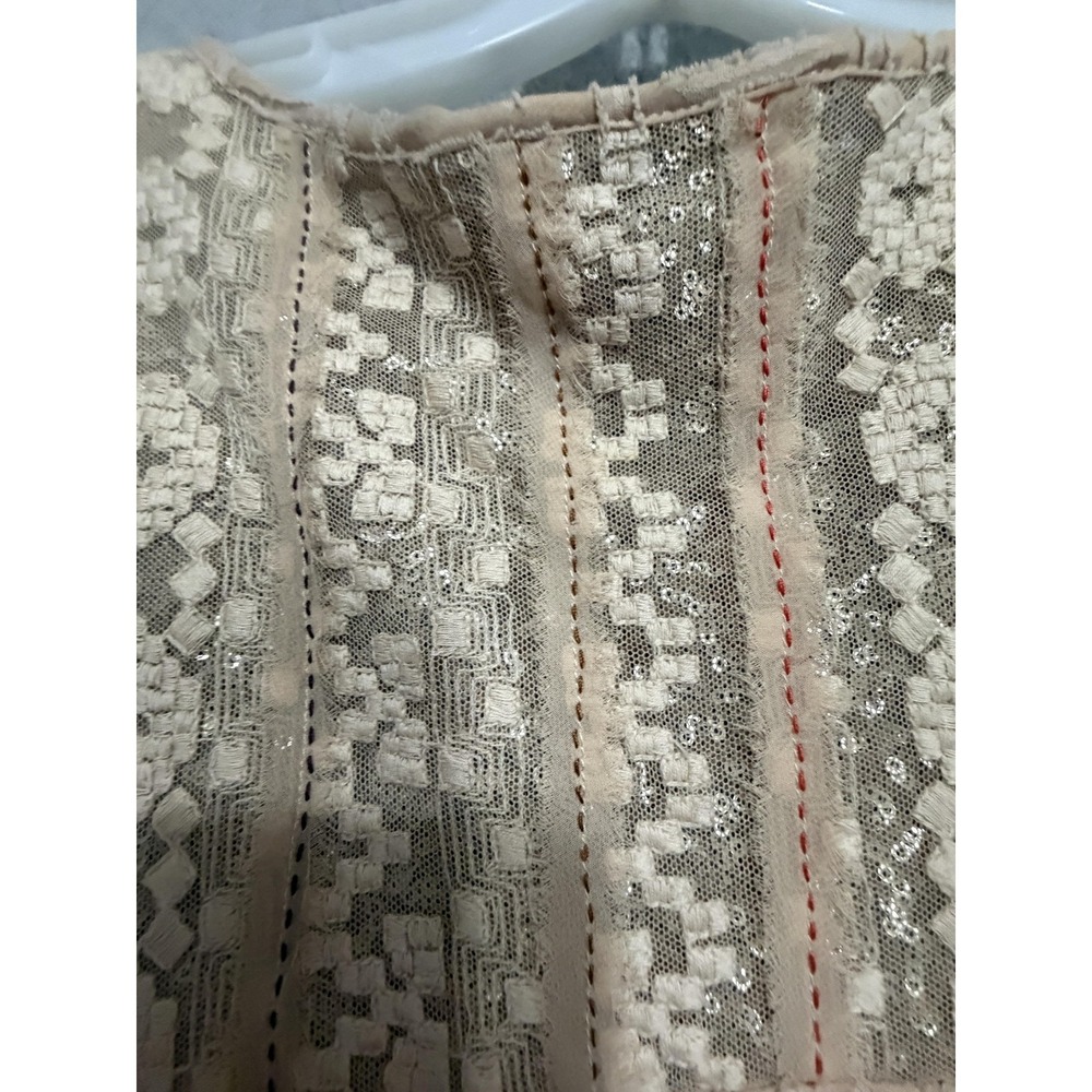 One September Dress Womens L Beige Chevron Sequin V Neck Long Sleeve Shift Boho - Picture 3 of 13